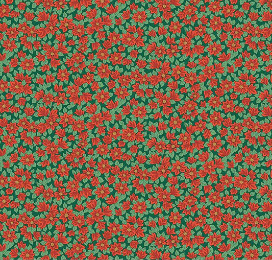 Festive Greetings Peaceful Poinsettias Green Fabric