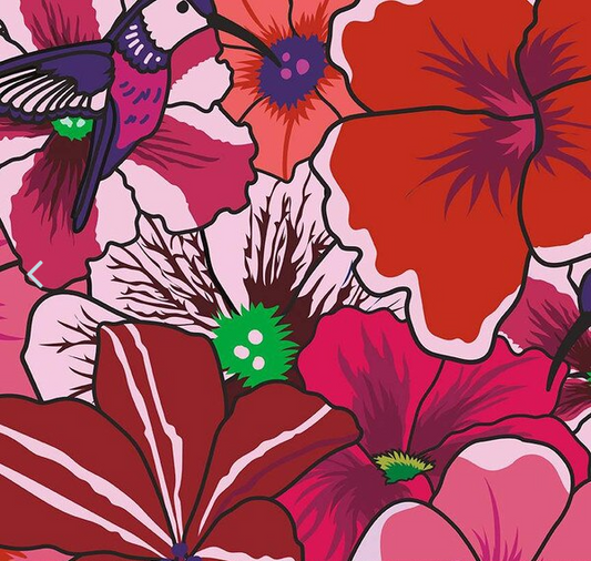 Wide Back Botanic Blast Pansies Red Fabric