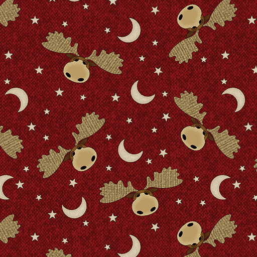 A Moose in the Woods Moose Moon and Stars Cranberry Fabric