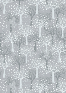 The Secret Winter Garden Flannel Owl Orchard on Light Grey Fabric