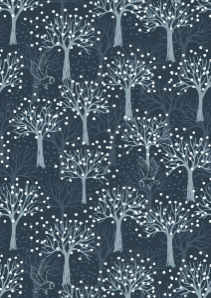 The Secret Winter Garden Flannel Owl Orchard on Dark Blue Fabric