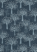 The Secret Winter Garden Flannel Owl Orchard on Dark Blue Fabric