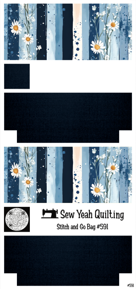 Stitch & Go Bag #591 - Flowers Daisies & Blue Stripes on Navy Blue