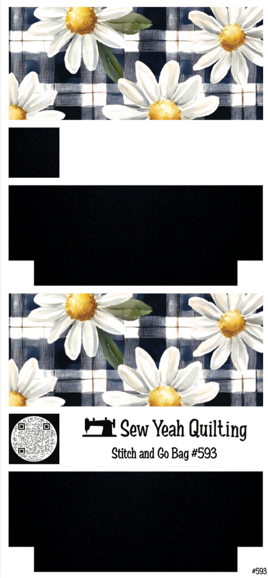 Stitch & Go Bag #593 - Flowers Daisies & Blue Plaid on Black