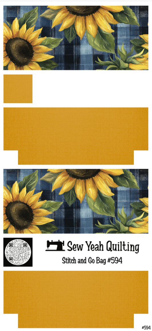 Stitch & Go Bag #594 - Flowers Sunflowers & Blue Plaid on Gold