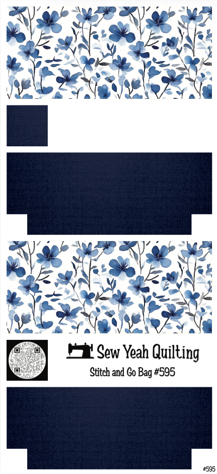 Stitch & Go Bag #595 - Flowers Blue Watercolor & Leaves on Navy Blue
