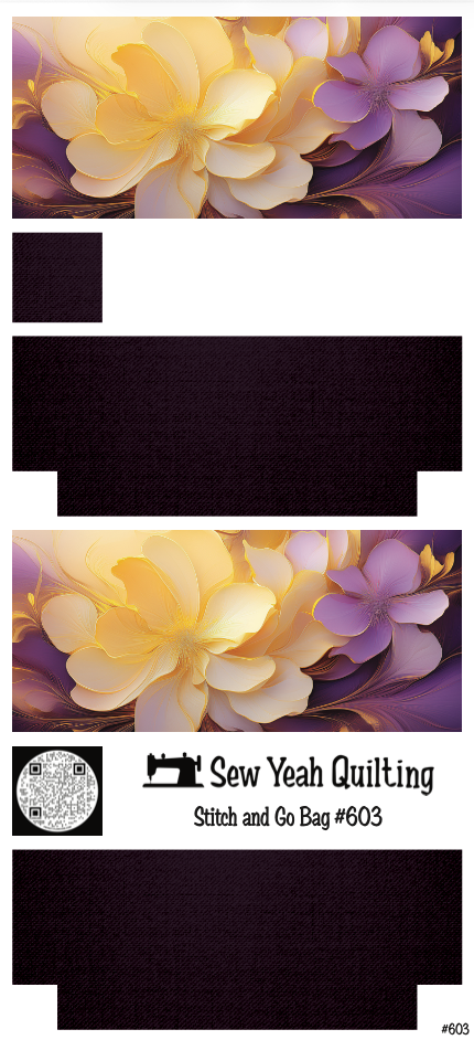Stitch & Go Bag #603 - Flowers Gold & Purple on Dark Violet