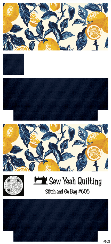 Stitch & Go Bag #605 - Lemons & Blue Leaves on Blue