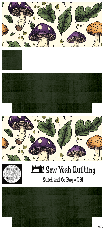 Stitch & Go Bag #31 - Mushrooms Violet & Green Leaves on Dark Green
