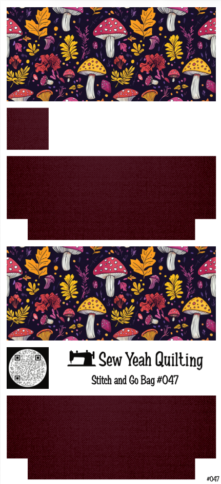 Stitch & Go Bag #47 - Mushrooms & Oak Leaves on Maroon