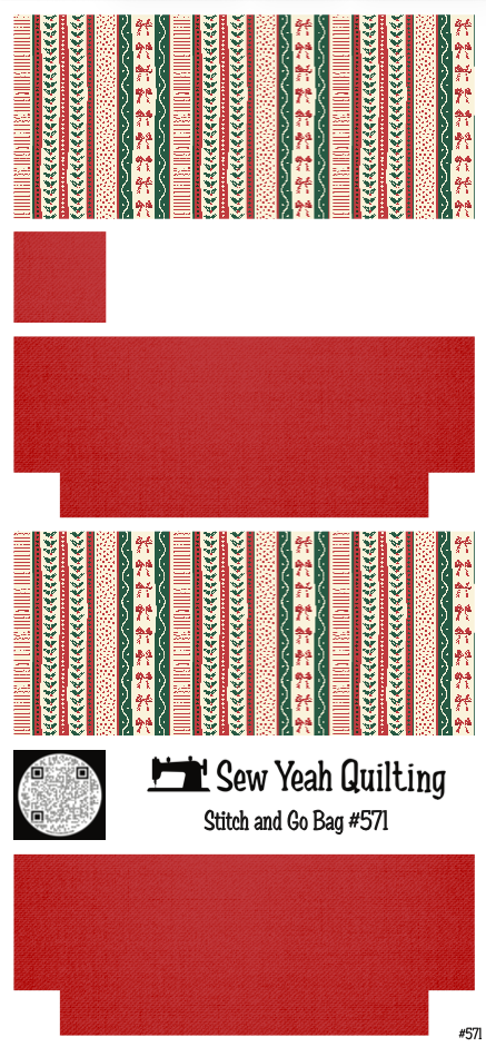 Stitch & Go Bag #571 - Christmas Holly & Bows Stripes on Red