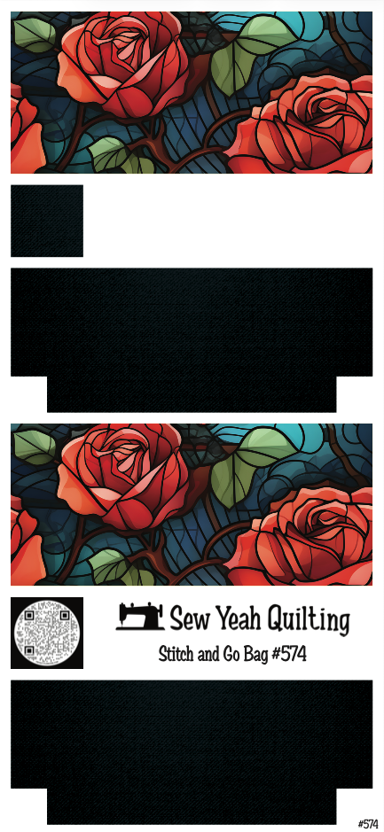 Stitch & Go Bag #574 - Stained Glass Red Roses & Vines on Navy Blue