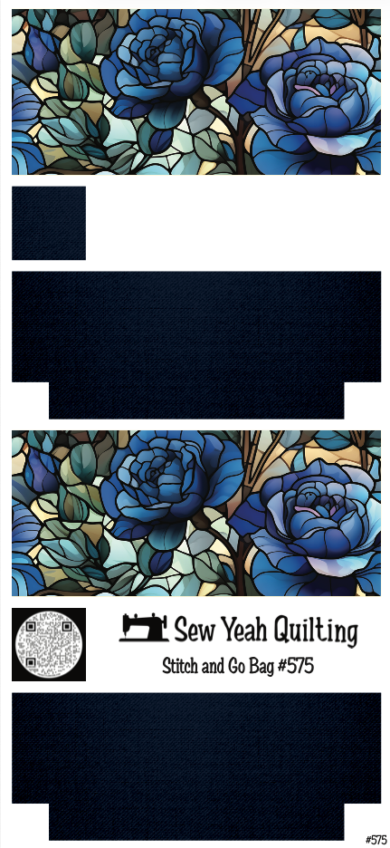 Stitch & Go Bag #575 - Stained Glass Blue Roses & Leaves on Dark Blue