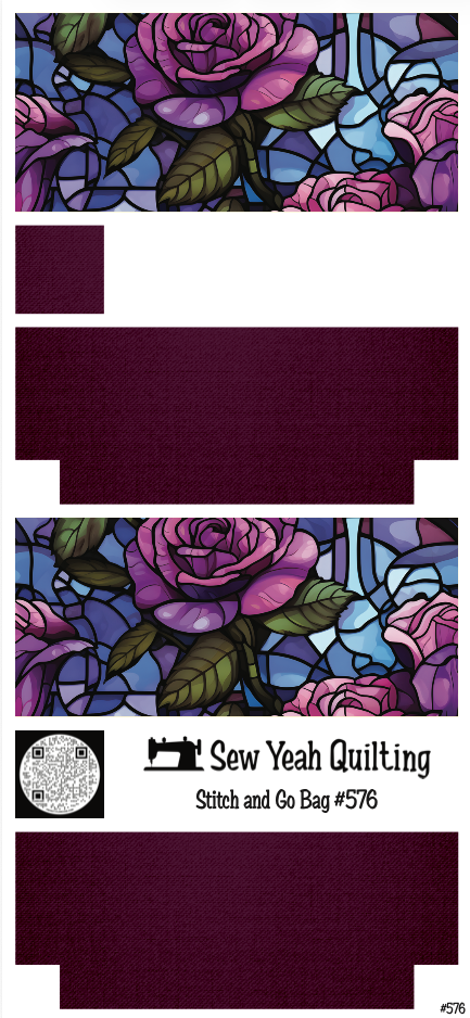 Stitch & Go Bag #576 - Stained Glass Purple  Roses & Leaves on Plum