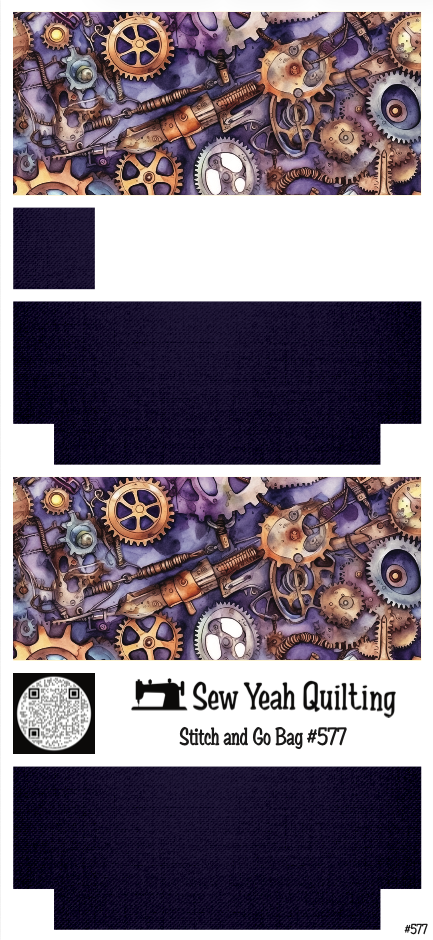 Stitch & Go Bag #577 - Steampunk Gears & Machinery on Deep Violet
