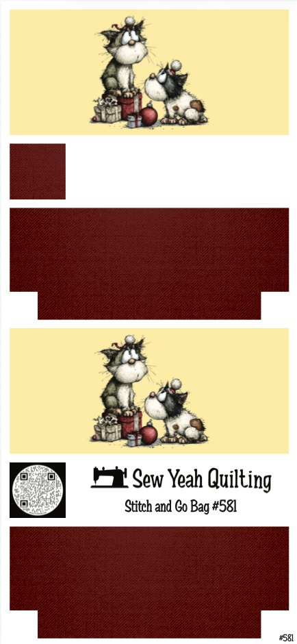 Stitch & Go Bag #581 - Christmas Kittens & Gifts on Red