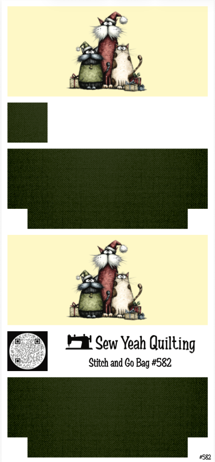 Stitch & Go Bag #582 - Christmas Cats with Santa Hat on Olive Green