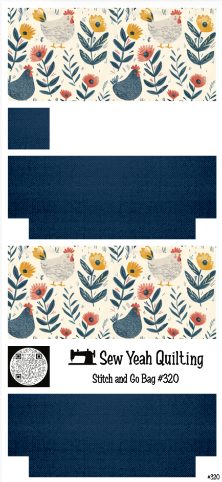 Stitch & Go Bag #320 - Chickens Folk Art Flowers on Blue