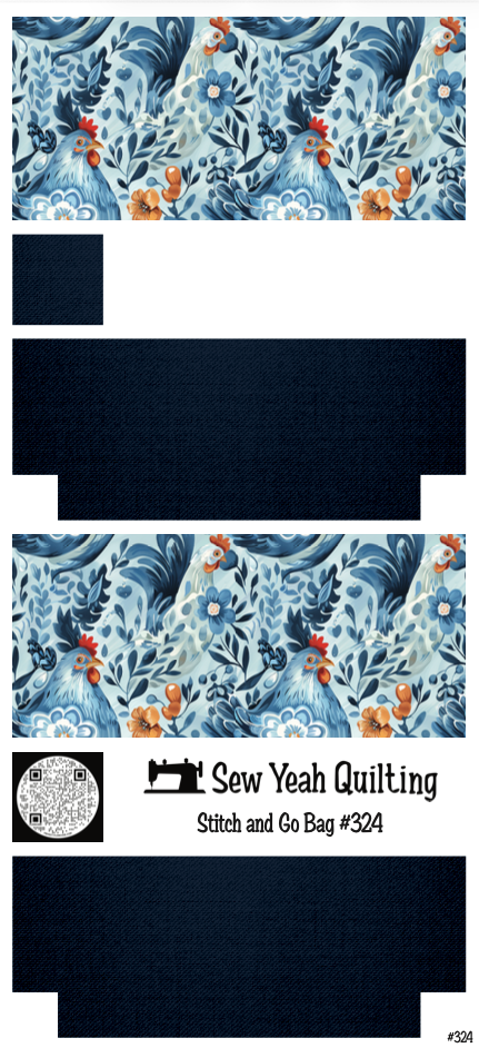 Stitch & Go Bag #324 - Chickens Folk Flowers all Blue on Blue