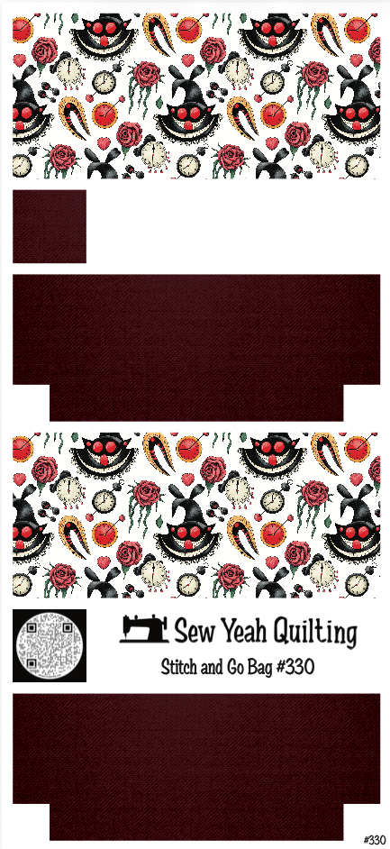 Stitch & Go Bag #330 - Alice Cheshire Cat & Roses & Clocks on Maroon