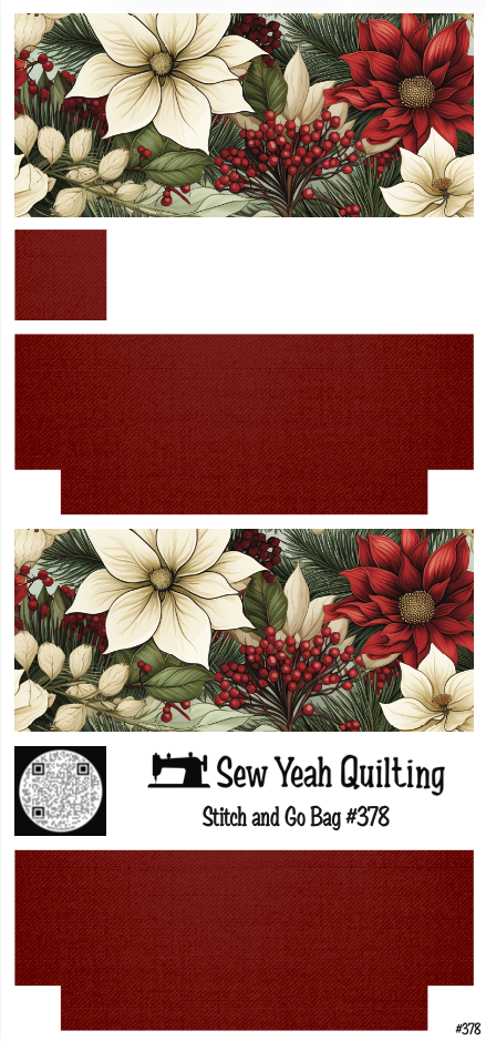 Stitch & Go Bag #378 - Christmas Poinsettia & Berrries on Red