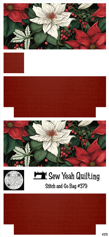 Stitch & Go Bag #379 - Christmas Poinsettias Red & White, Berries & Foliage on Red