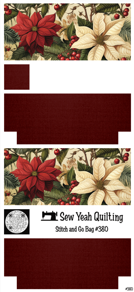Stitch & Go Bag #380 - Christmas Poinsettias Red & Ivory, Berries on Dark Red
