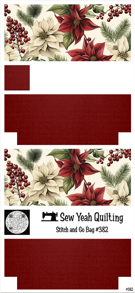 Stitch & Go Bag #382 - Christmas Poinsettias Red & Cream, Berries & Pine on Dark Red