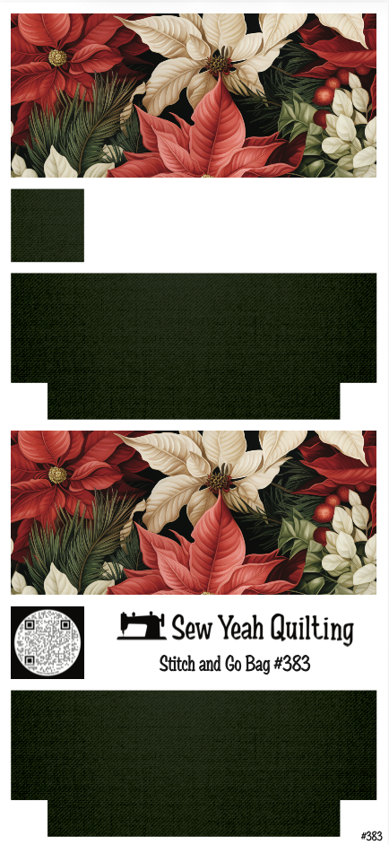 Stitch & Go Bag #383 - Christmas Poinsettias Red & Cream, Pine & Foliage on Dark Green