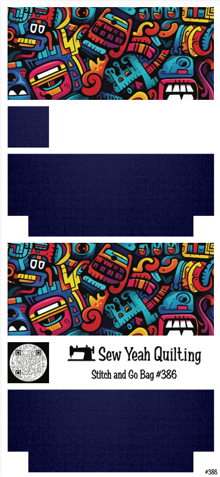 Stitch & Go Bag #386 - Graffiti Abstract Faces Colorful on Blue