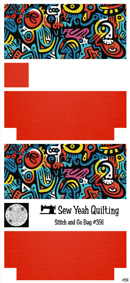 Stitch & Go Bag #391 - Graffiti Abstract Faces Colorful on Red Orange