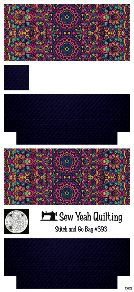 Stitch & Go Bag #393 - Kaleidoscope Neon Pink, Violet & Yellow on Navy Blue
