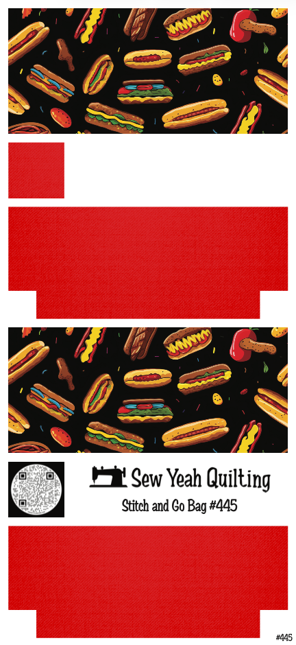 Stitch & Go Bag #445 - Food Cartoon Hot dogs on Red