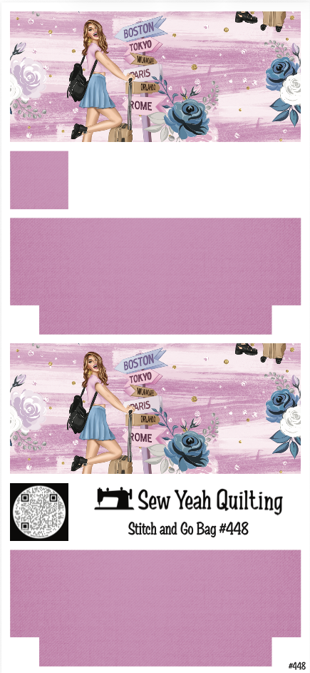 Stitch & Go Bag #448 - Travel Girl & Blue Roses on Purple