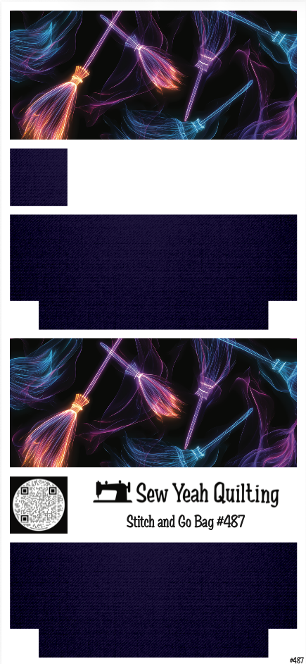 Stitch & Go Bag #487 - Halloween Neon Flying Brooms on Indigo