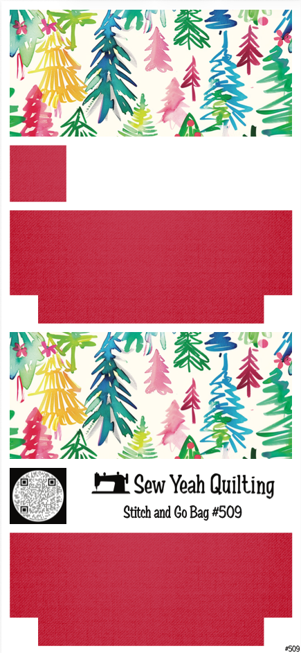Stitch & Go Bag #509 - Christmas Watercolor Pines Colorful on Bright Red