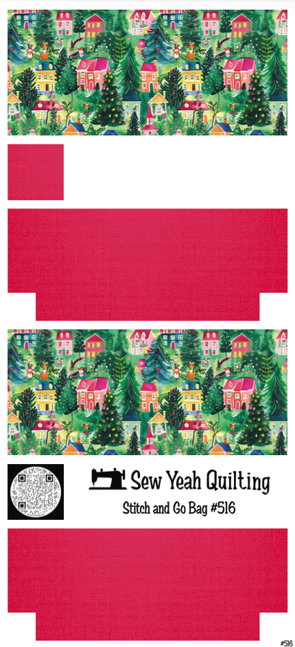 Stitch & Go Bag #516 - Christmas Village Watercolor on Hot Pink