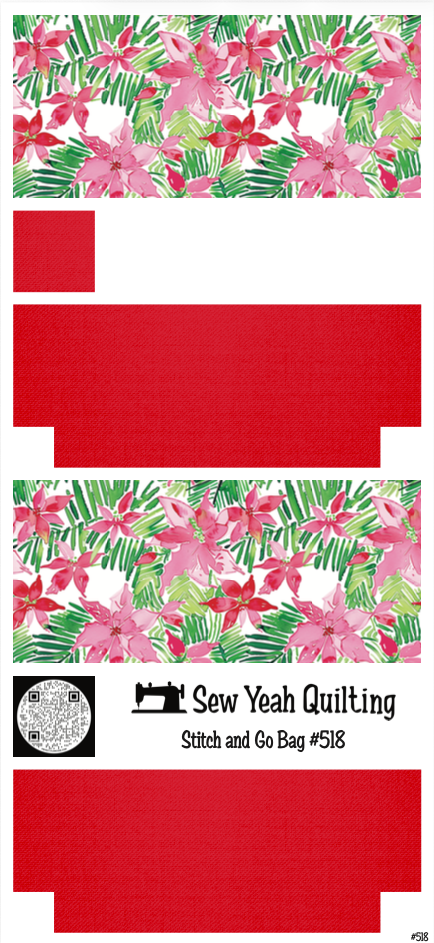Stitch & Go Bag #518 - Christmas Pink Poinsettia & Leaves on Bright Red