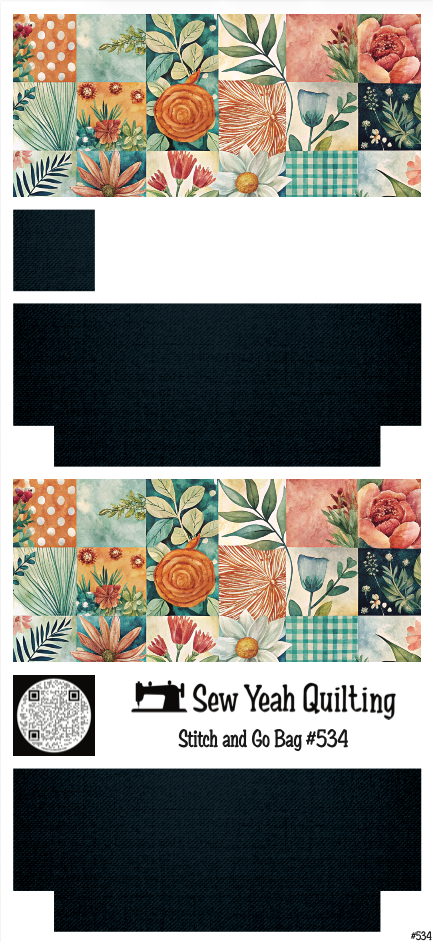 Stitch & Go Bag #534 - Flower Patchwork Orange & Teal Palette  on Deep Navy Blue