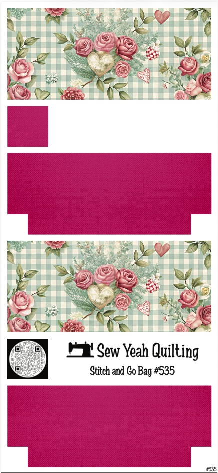 Stitch & Go Bag #535 - Flower Roses Hearts Checkered on Hot Pink