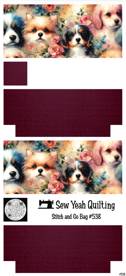 Stitch & Go Bag #538 - Dogs Floral Watercolor on Dark Magenta