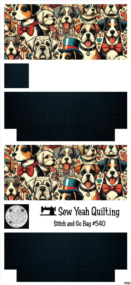 Stitch & Go Bag #540 - Dogs Cartoon with Bow Tie on Deep Navy Blue