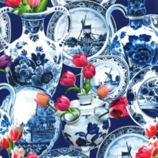 Spring in Delft Delft Still Life Royal Blue Fabric