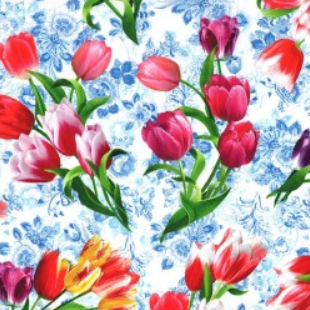 Spring in Delft Tulip Bouquet Blue Fabric
