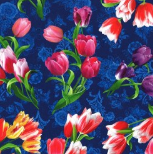 Spring in Delft Tulip Bouquet Royal Blue Fabric