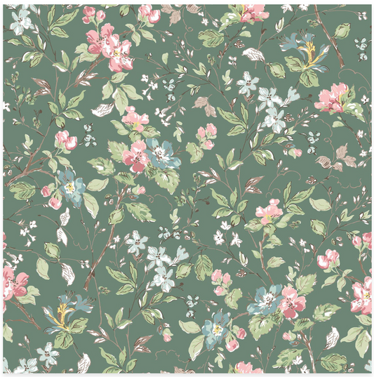 Terrace Blooms - Floral Branches - Green - Yardage