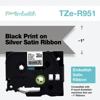 P-touch Embellish Black Print on Sliver Satin Ribbon - TZER951