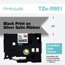 P-touch Embellish Black Print on Sliver Satin Ribbon - TZER951
