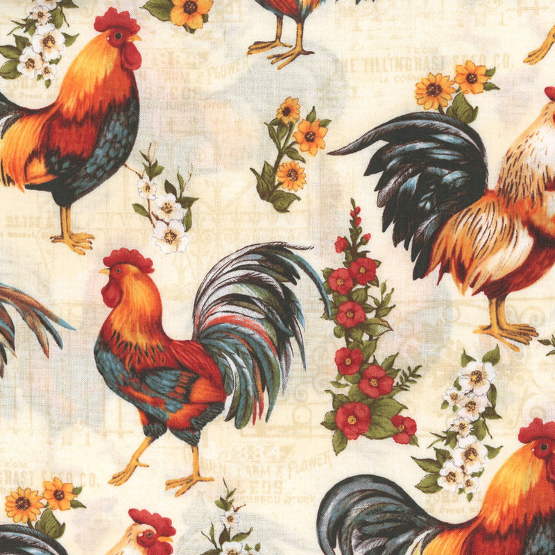 Garden Gate Roosters Large All Over Cream Yardage