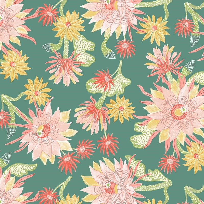 Desert Sunrise Cactus Bloom Teal Fabric